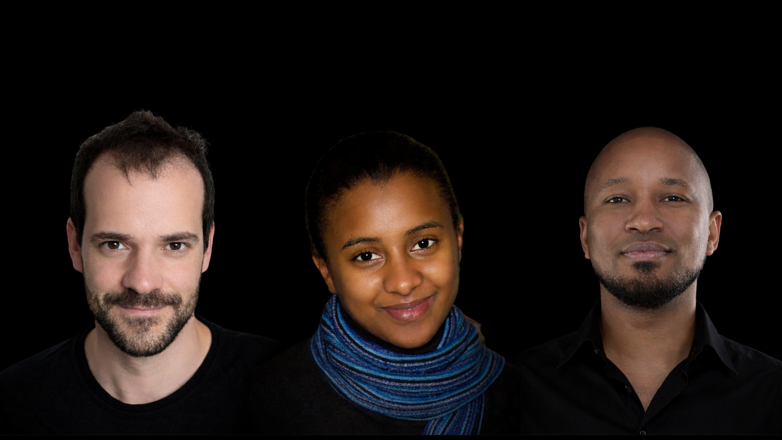 Three people standing side by side against a black background